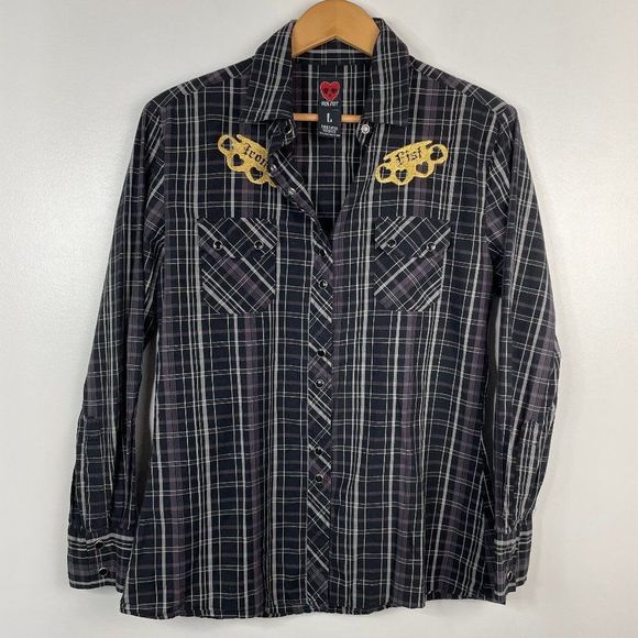 Iron Fist  Embroidered Brassknuckle Heartless Love  Snap Button Plaid Shirt Top - Picture 1 of 4